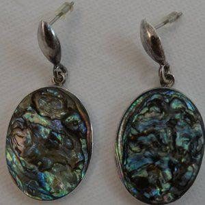 Oval Abalone Shell 925 Silver Post Dangle Earrings